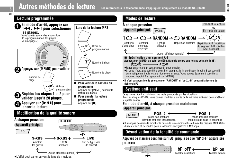 Autres méthodes de lecture, Bp off, Bp on | Lecture programmée random random a b, Modes de lecture, Système anti-saut, Désactivation de la tonalité de commande, Modification de la qualité sonore | Panasonic SLSX429C User Manual | Page 30 / 100