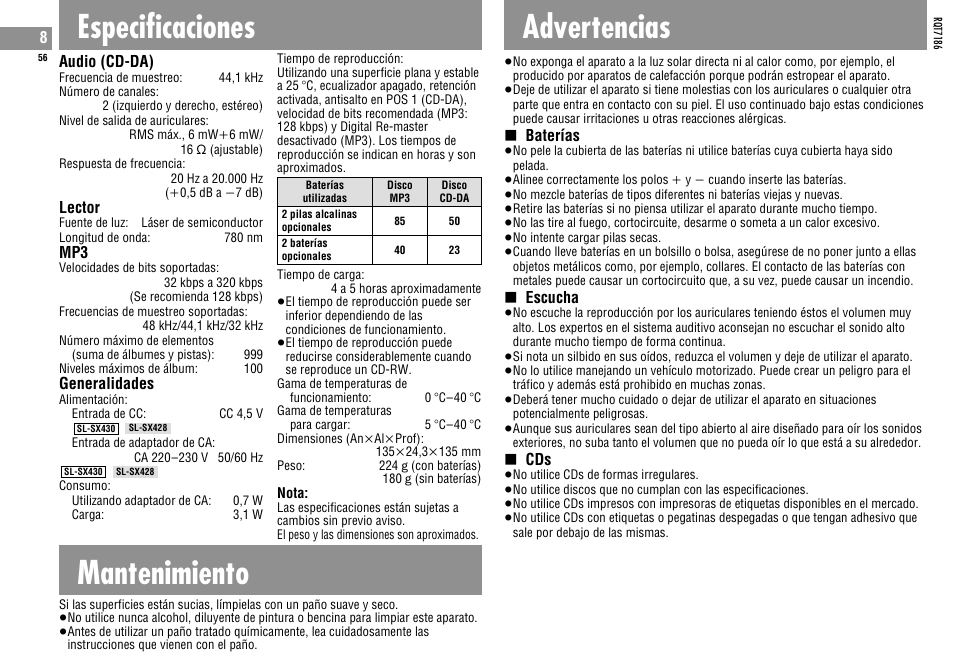 Especificaciones, Mantenimiento, Advertencias | Panasonic SLSX429C User Manual | Page 56 / 100