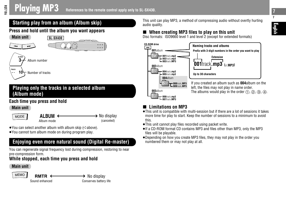 Playing mp3, Album, Starting play from an album (album skip) | 001 track .mp3, Press and hold until the album you want appears, Each time you press and hold, When creating mp3 files to play on this unit, Limitations on mp3, While stopped, each time you press and hold | Panasonic SLSX429C User Manual | Page 7 / 100
