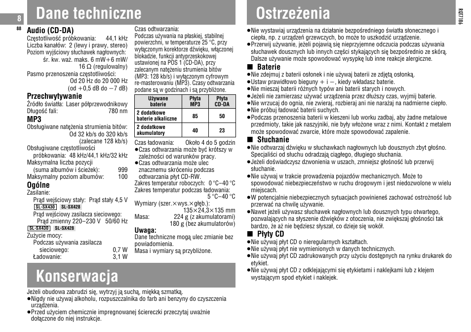 Dane techniczne, Konserwacja, Ostrzeëenia | Panasonic SLSX429C User Manual | Page 88 / 100