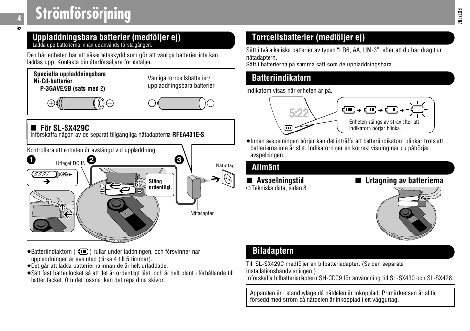 Strömförsörjning | Panasonic SLSX429C User Manual | Page 92 / 100