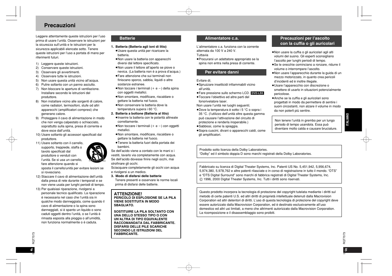 Precauzioni | Panasonic DVDPS3 User Manual | Page 21 / 47