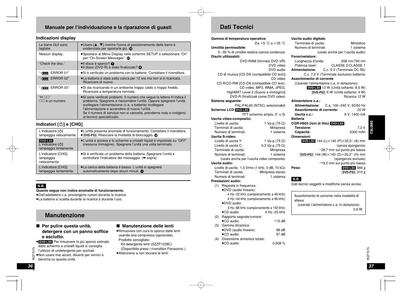 Dati tecnici, Manutenzione | Panasonic DVDPS3 User Manual | Page 37 / 47