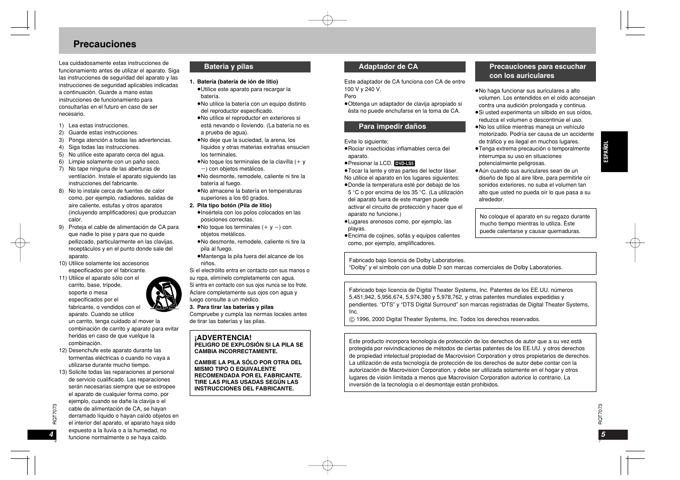 Precauciones | Panasonic DVDPS3 User Manual | Page 4 / 47