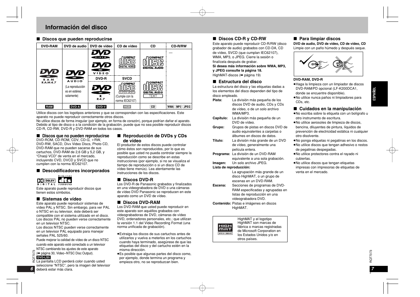 Información del disco | Panasonic DVDPS3 User Manual | Page 5 / 47