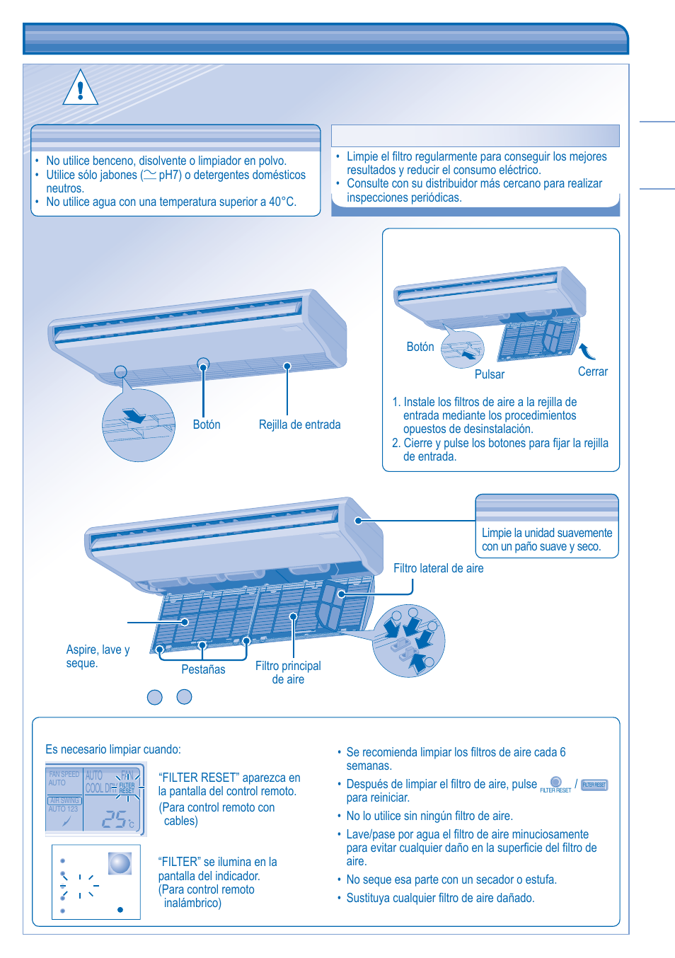 Cuidado y limpieza, Mantenimiento del fi ltro de aire | Panasonic CUL43DBE8 User Manual | Page 19 / 64