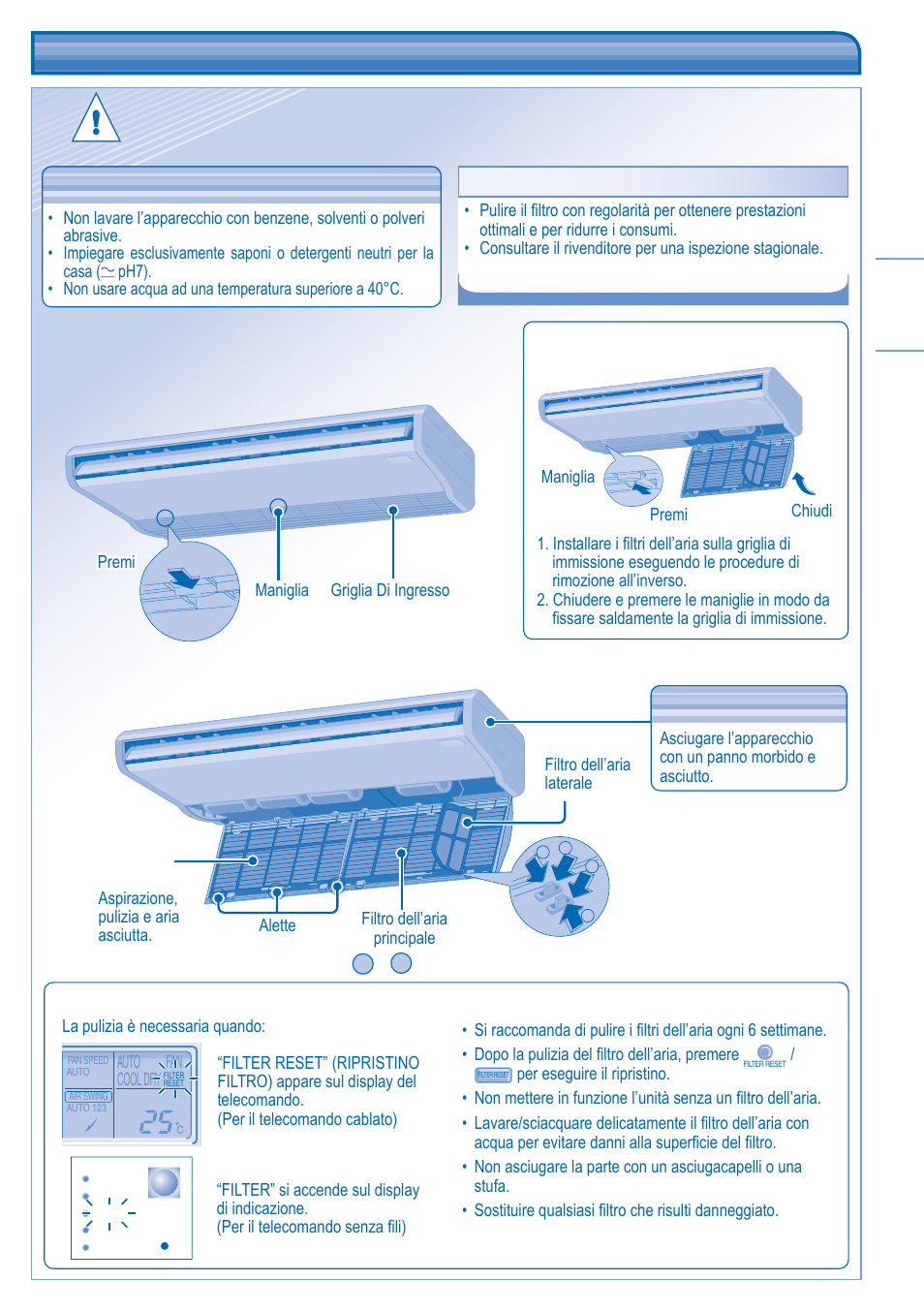 Pulizia e manutenzione, Manutenzione del fi ltro dell’aria | Panasonic CUL43DBE8 User Manual | Page 29 / 64