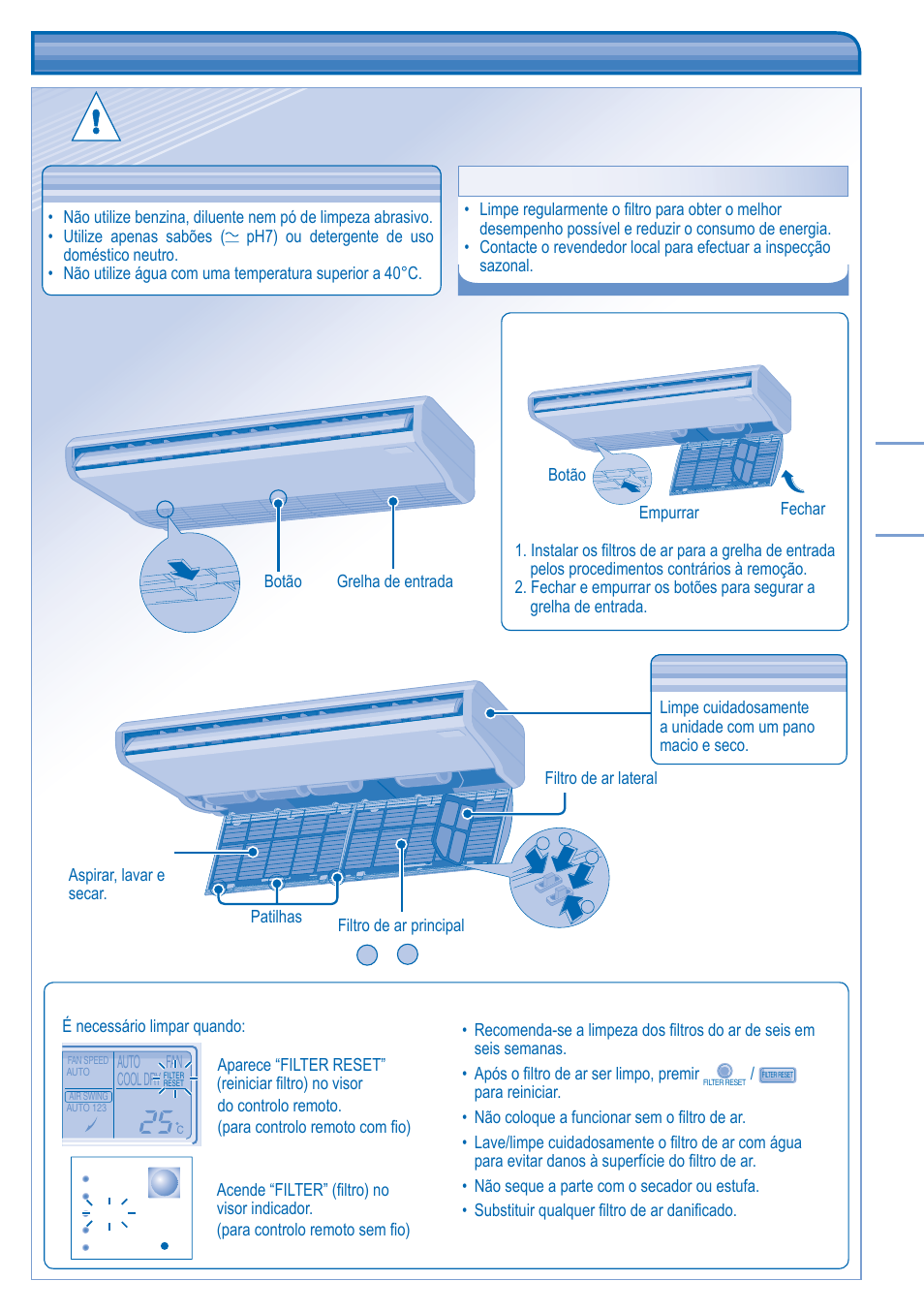 Manutenção e limpeza, Manutenção do fi ltro de ar | Panasonic CUL43DBE8 User Manual | Page 49 / 64