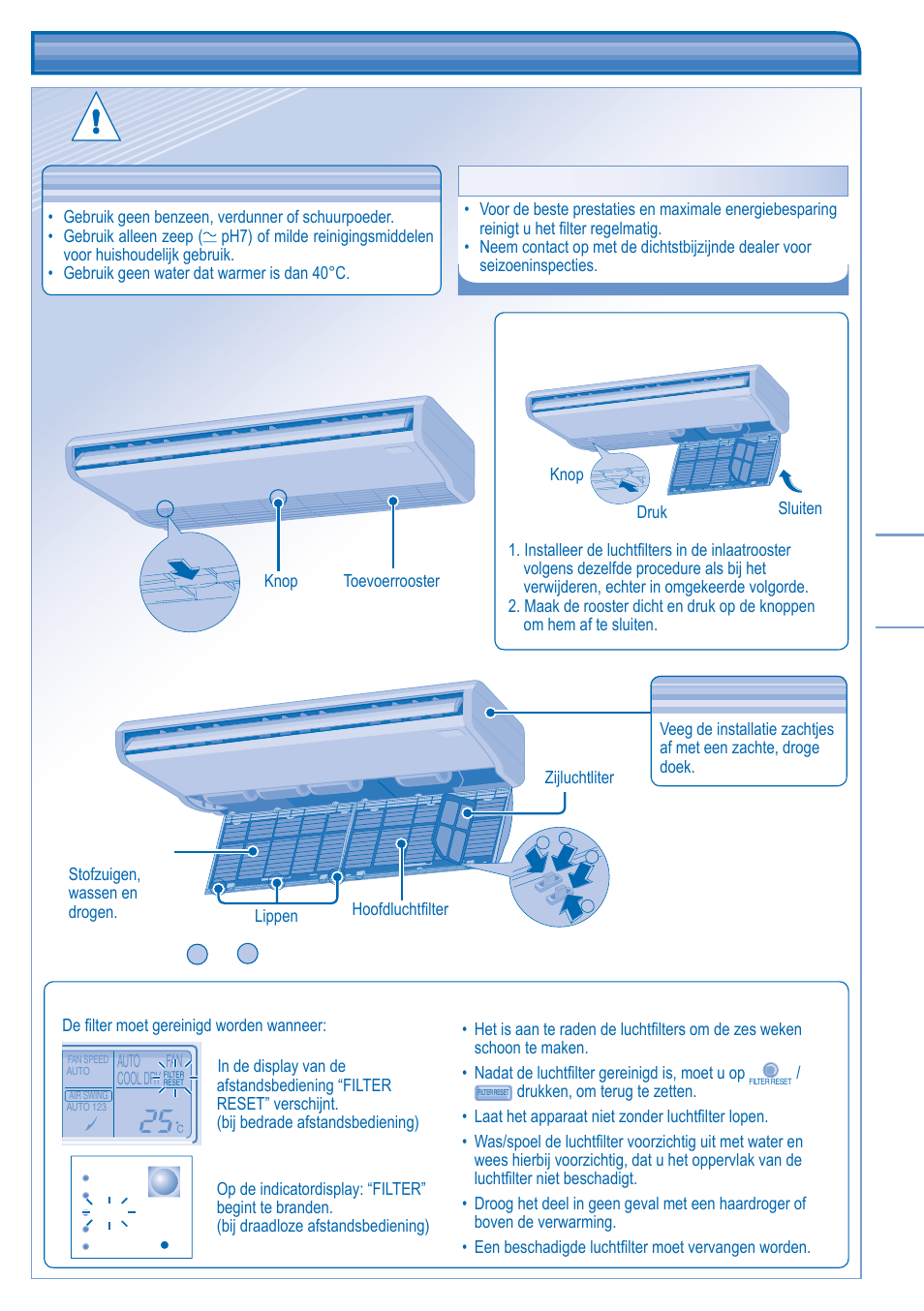 Onderhoud & reiniging, Onderhoud luchtfi lter, Verwijder de luchtfi lter installatie luchtfi lter | Panasonic CUL43DBE8 User Manual | Page 59 / 64