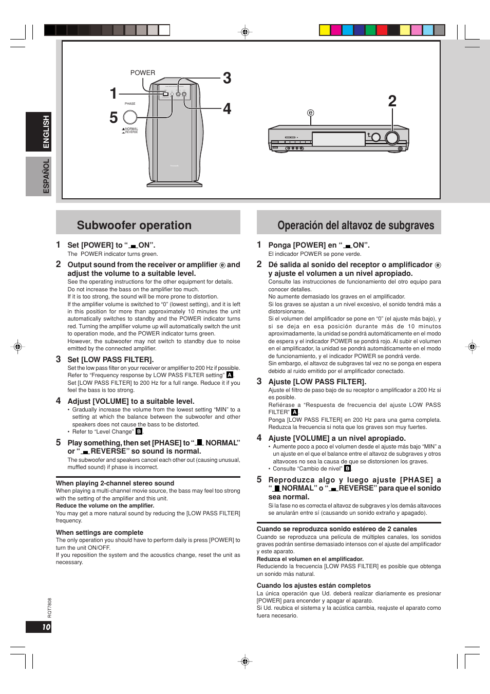 Subwoofer operation, Operación del altavoz de subgraves | Panasonic SBWA800 User Manual | Page 10 / 32