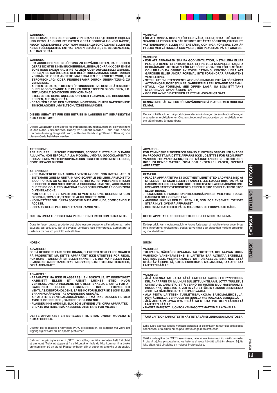 13 deutsch it aliano svenska dansk | Panasonic SBWA800 User Manual | Page 13 / 32