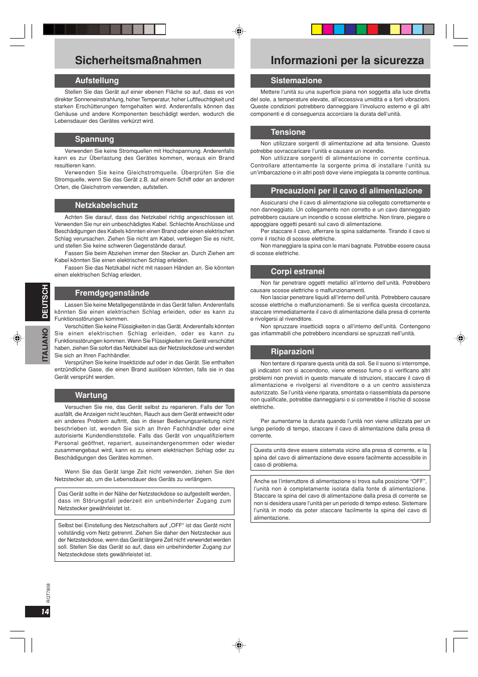 Sicherheitsmaßnahmen, Informazioni per la sicurezza, Aufstellung | Spannung, Netzkabelschutz, Fremdgegenstände, Wartung, Sistemazione, Tensione, Precauzioni per il cavo di alimentazione | Panasonic SBWA800 User Manual | Page 14 / 32