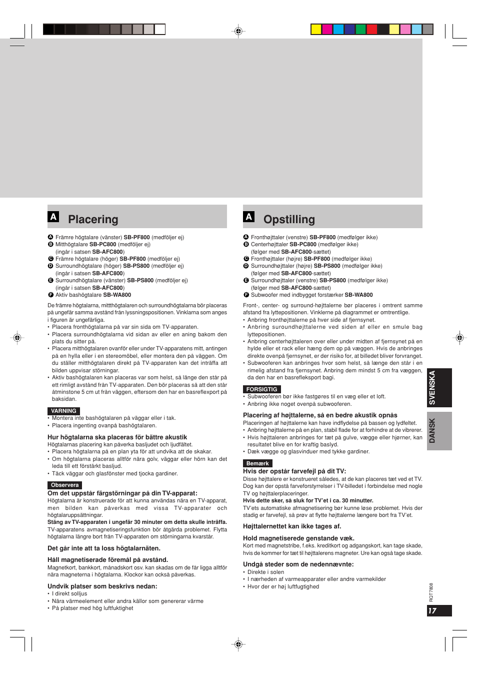 Placering, Opstilling | Panasonic SBWA800 User Manual | Page 17 / 32