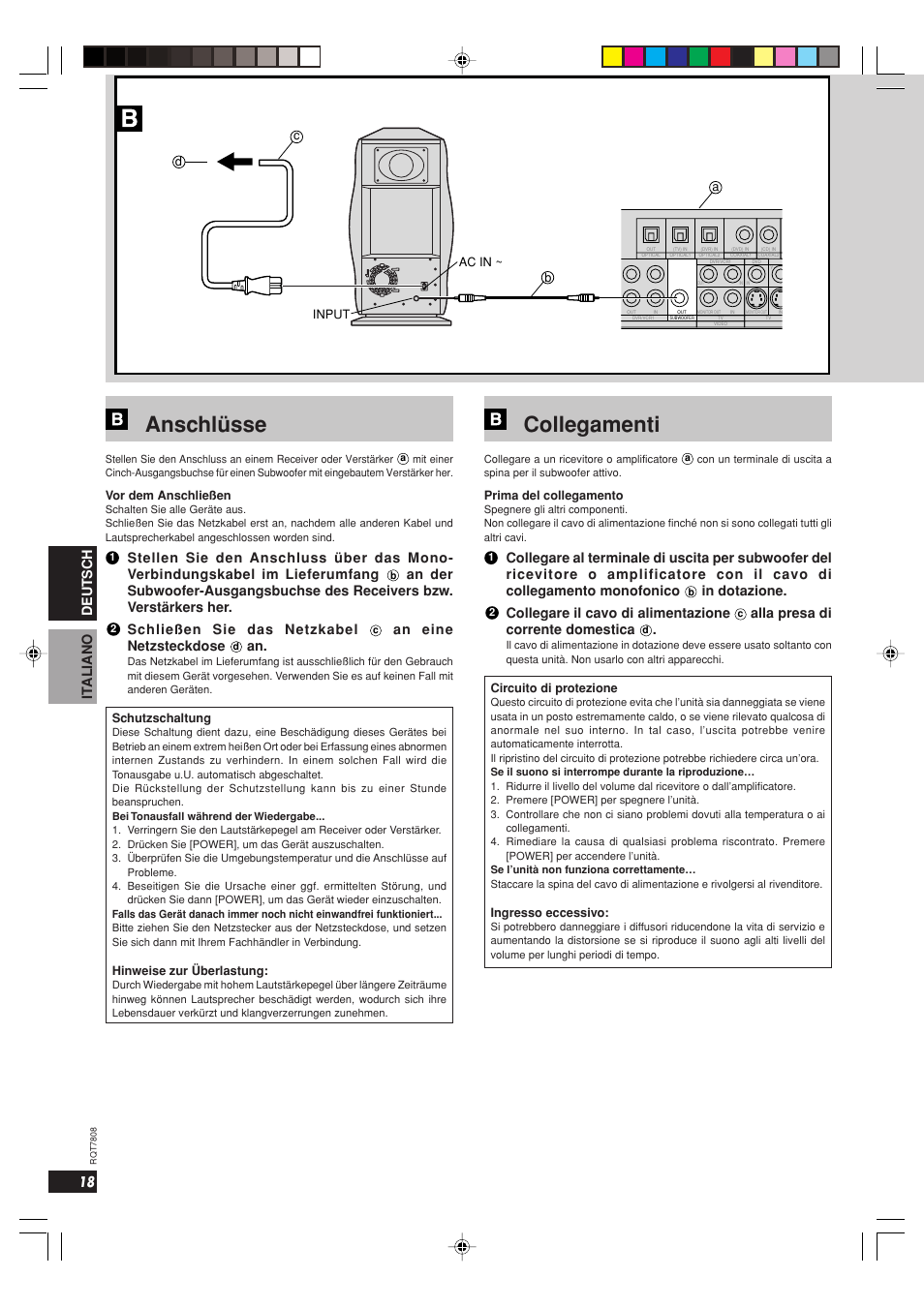 Anschlüsse, Collegamenti, 18 deutsch it aliano | Schließen sie das netzkabel, An eine netzsteckdose, Collegare il cavo di alimentazione, Alla presa di corrente domestica | Panasonic SBWA800 User Manual | Page 18 / 32