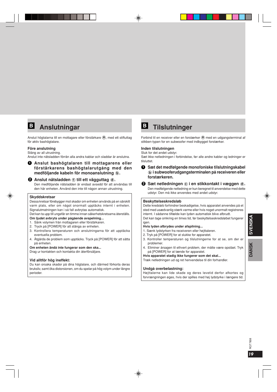 Anslutningar, Tilslutninger | Panasonic SBWA800 User Manual | Page 19 / 32