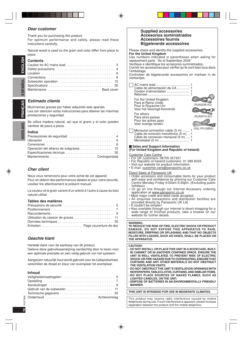 Dear customer, Estimado cliente, Cher client | Geachte klant | Panasonic SBWA800 User Manual | Page 2 / 32