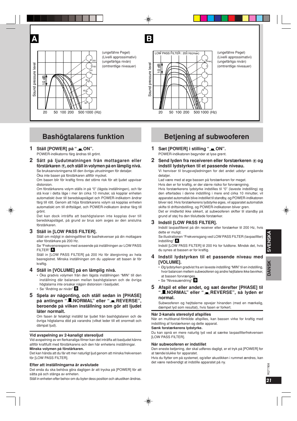 Bashögtalarens funktion, Betjening af subwooferen | Panasonic SBWA800 User Manual | Page 21 / 32