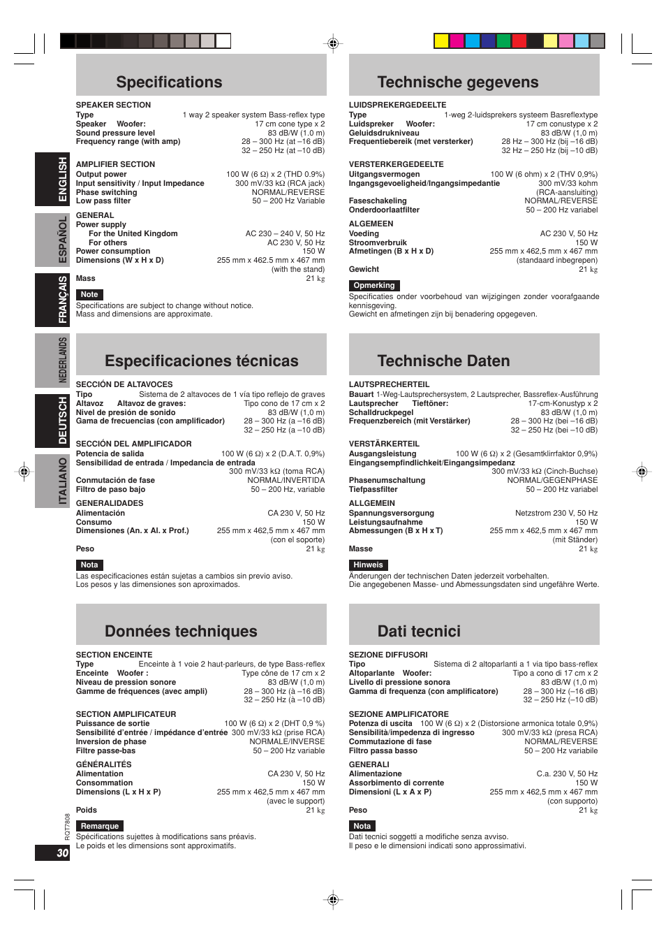 Specifications, Especificaciones técnicas, Données techniques | Technische gegevens, Technische daten, Dati tecnici | Panasonic SBWA800 User Manual | Page 30 / 32