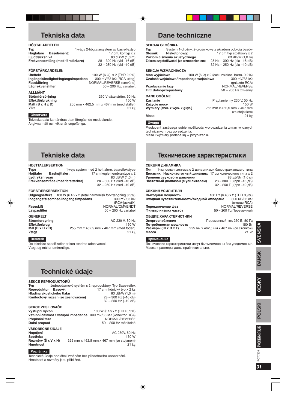 Tekniska data, Tekniske data, Technické údaje | Dane techniczne, Texничecкиe xapaктepиcтики | Panasonic SBWA800 User Manual | Page 31 / 32