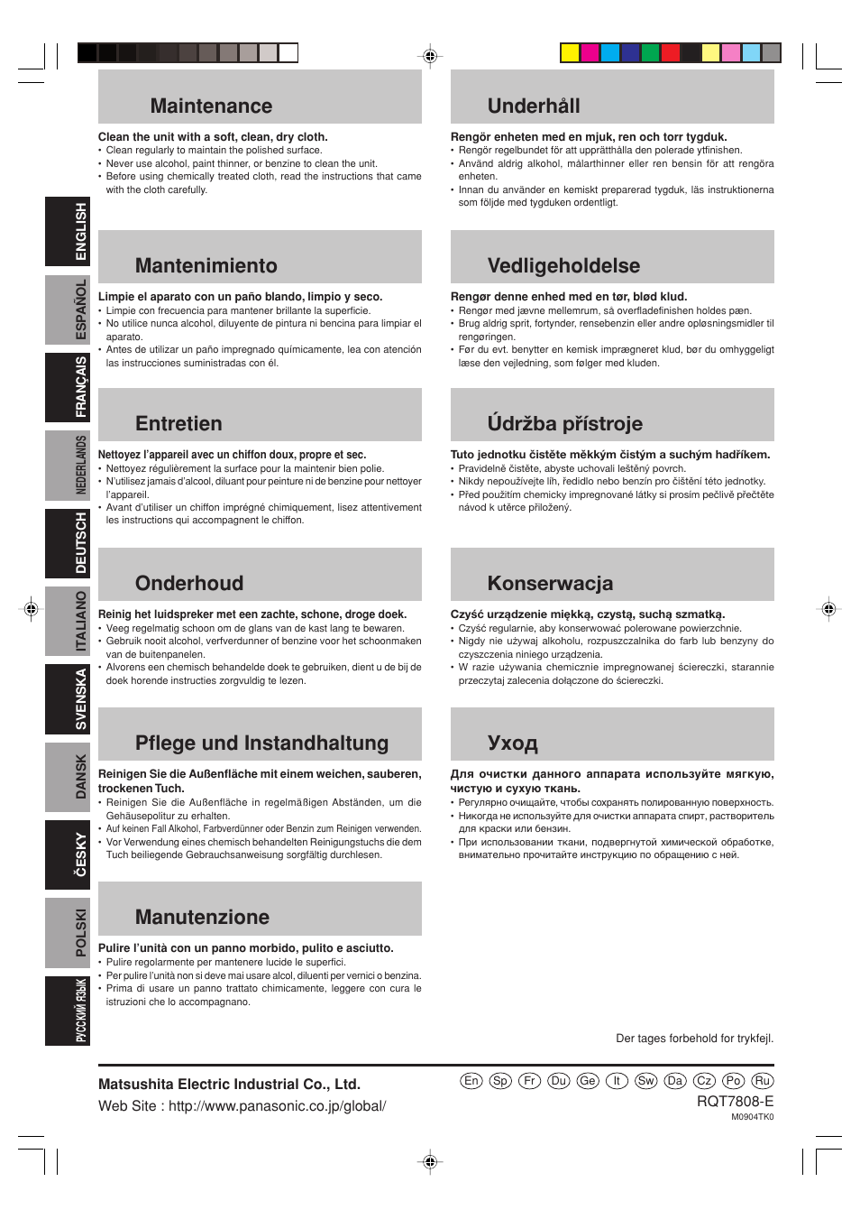 Maintenance, Mantenimiento, Entretien | Onderhoud, Pflege und instandhaltung, Manutenzione, Underhåll, Vedligeholdelse, Údržba přístroje, Konserwacja | Panasonic SBWA800 User Manual | Page 32 / 32