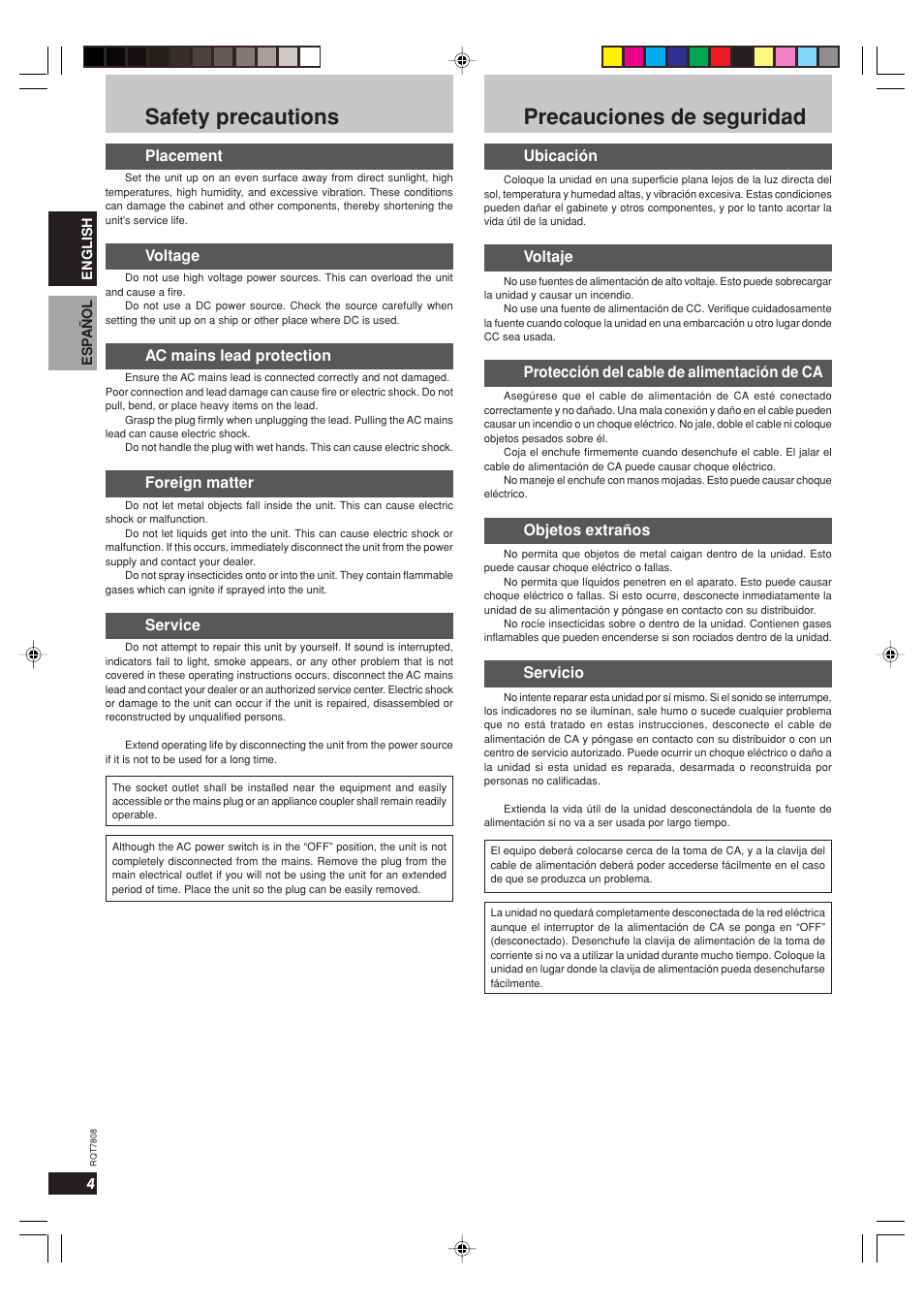 Precauciones de seguridad, Safety precautions, Placement | Voltage, Ac mains lead protection, Foreign matter, Service, Ubicación, Voltaje, Protección del cable de alimentación de ca | Panasonic SBWA800 User Manual | Page 4 / 32