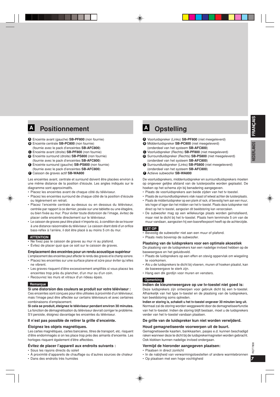 Positionnement, Opstelling | Panasonic SBWA800 User Manual | Page 7 / 32