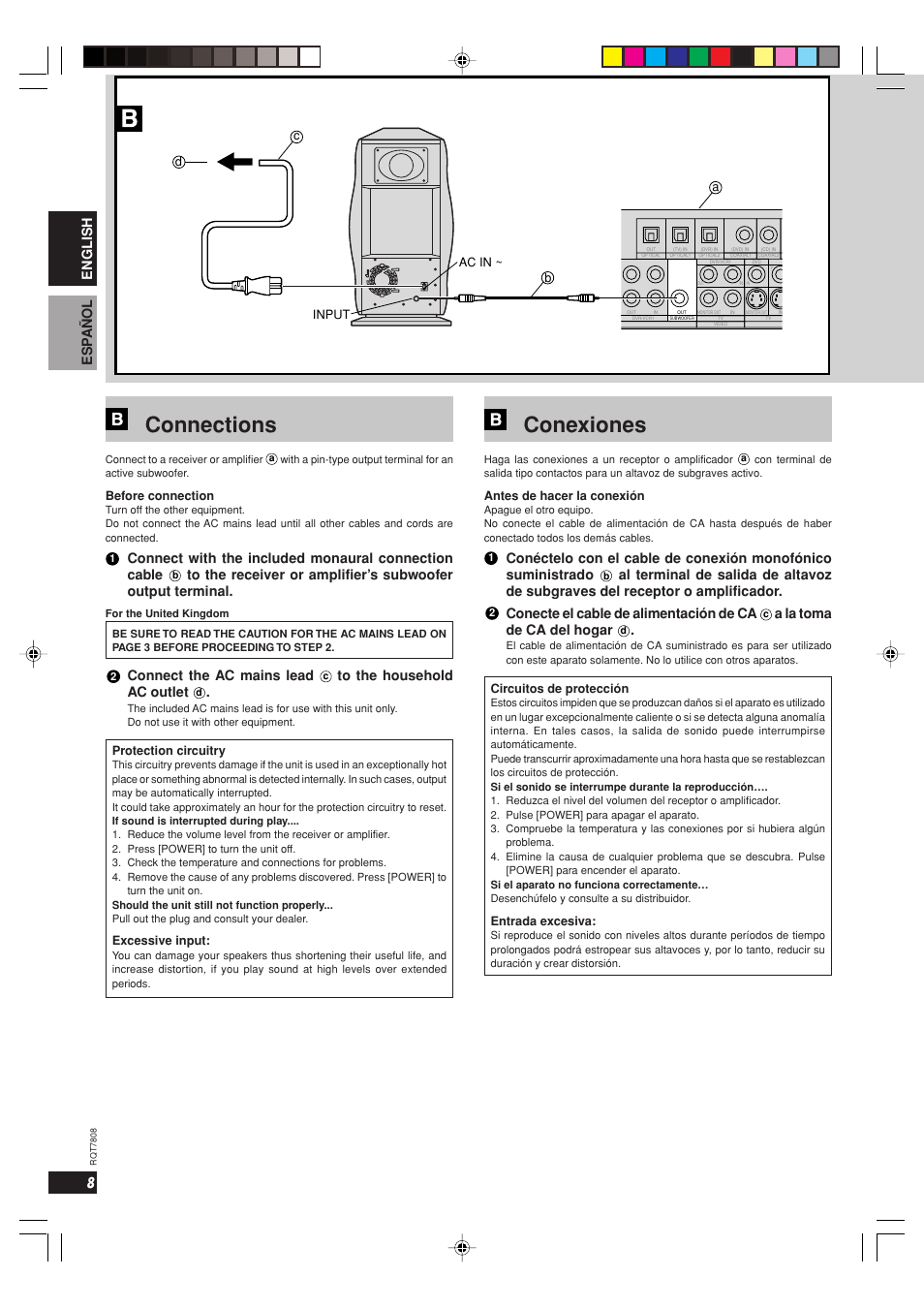 Connections, Conexiones, 8english esp añol | Connect the ac mains lead, Conecte el cable de alimentación de ca, A la toma de ca del hogar | Panasonic SBWA800 User Manual | Page 8 / 32