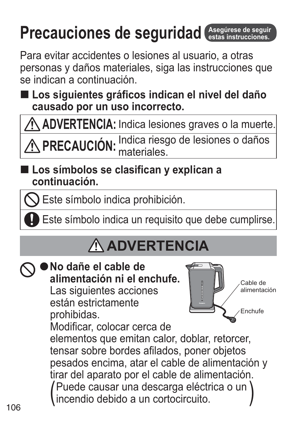 Precauciones de seguridad, Advertencia, Precaución | Panasonic NCZK1VXE User Manual | Page 106 / 128