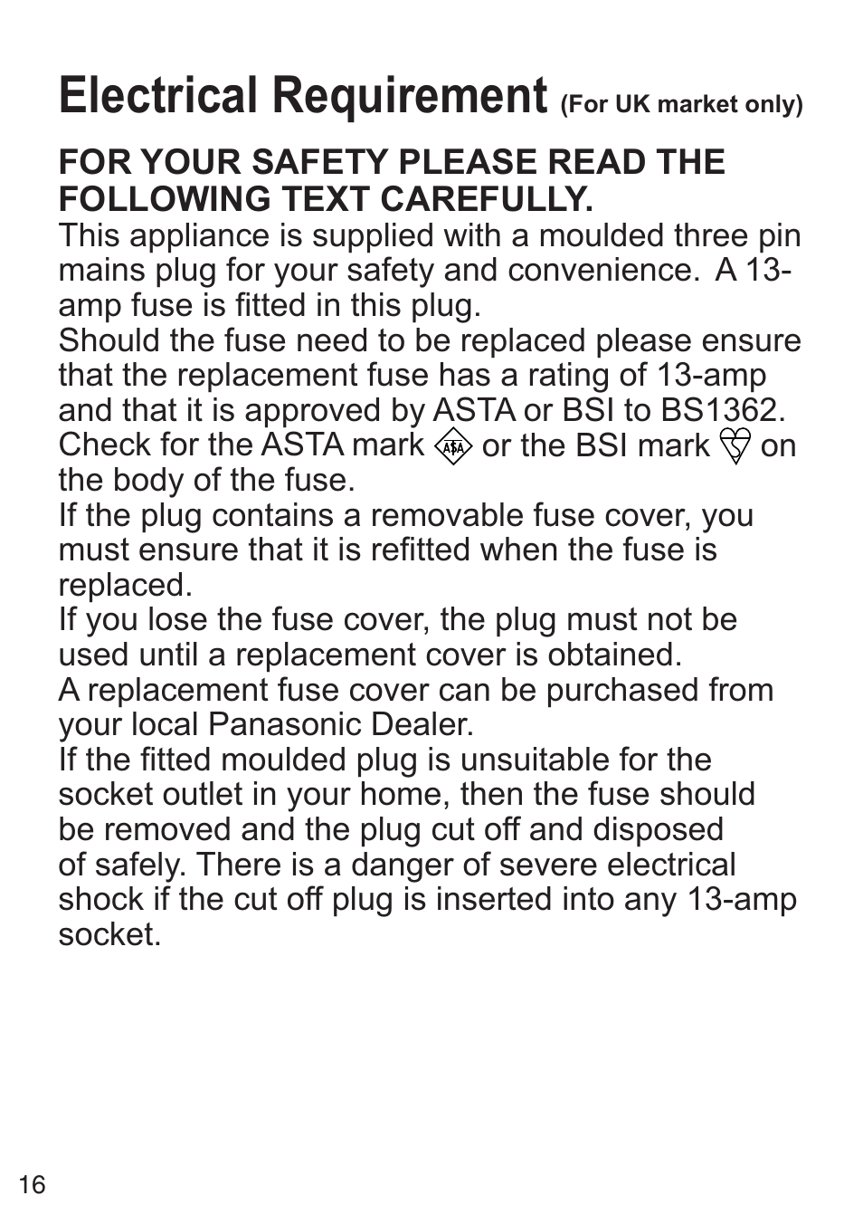 Electrical requirement | Panasonic NCZK1VXE User Manual | Page 16 / 128