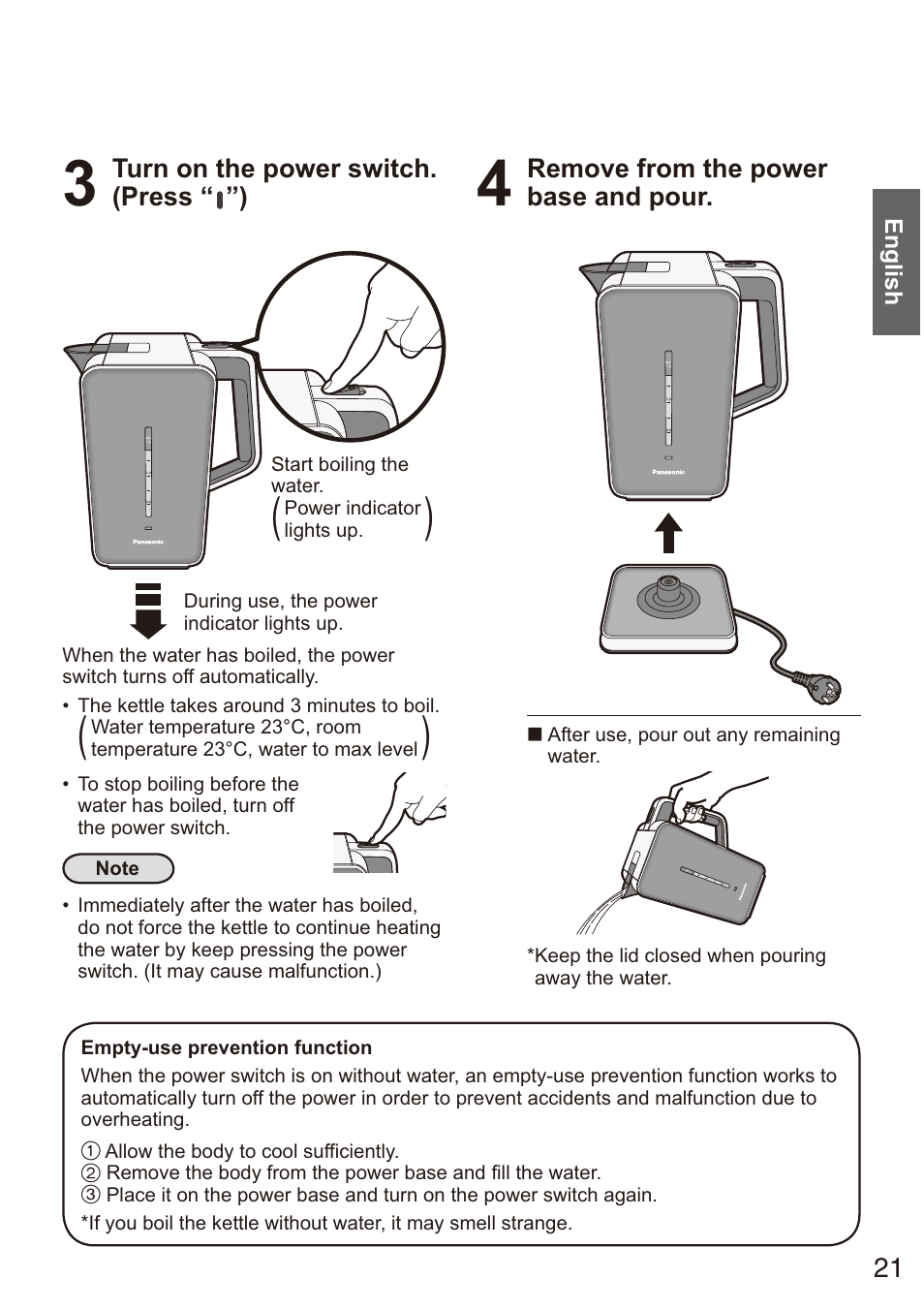 Turn on the power switch. (press “ ”), Remove from the power base and pour | Panasonic NCZK1VXE User Manual | Page 21 / 128
