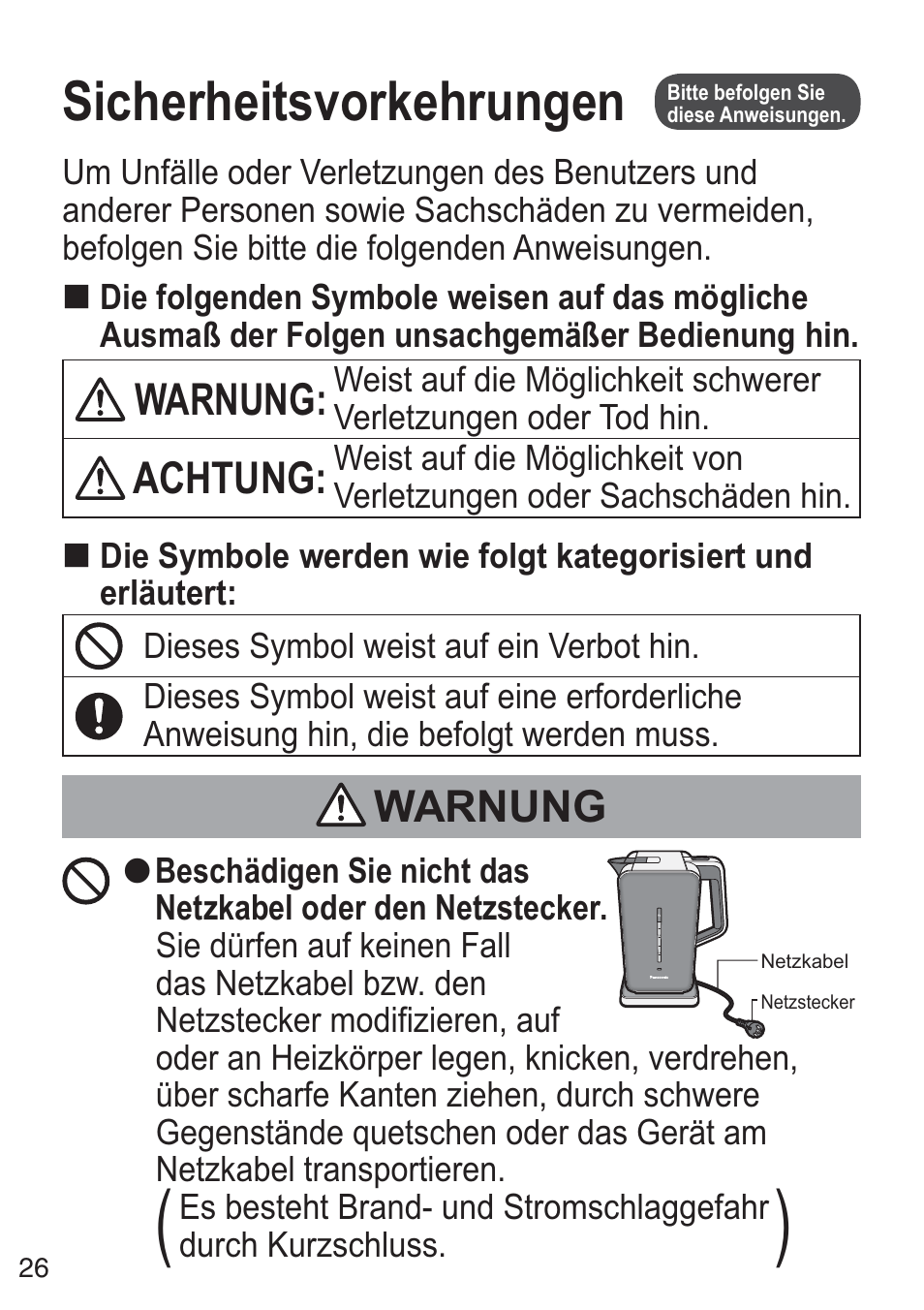 Sicherheitsvorkehrungen, Warnung, Achtung | Panasonic NCZK1VXE User Manual | Page 26 / 128