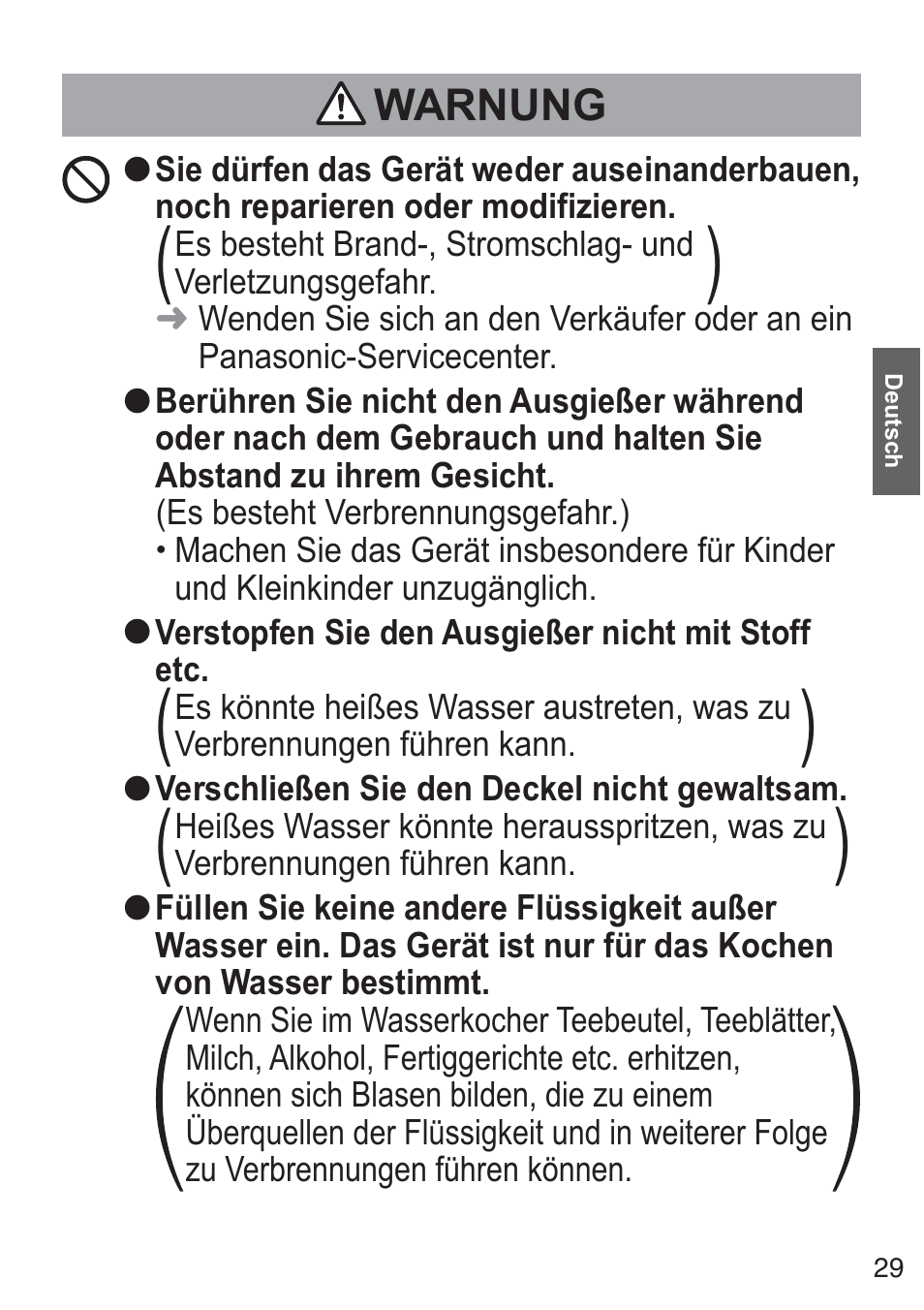 Warnung | Panasonic NCZK1VXE User Manual | Page 29 / 128