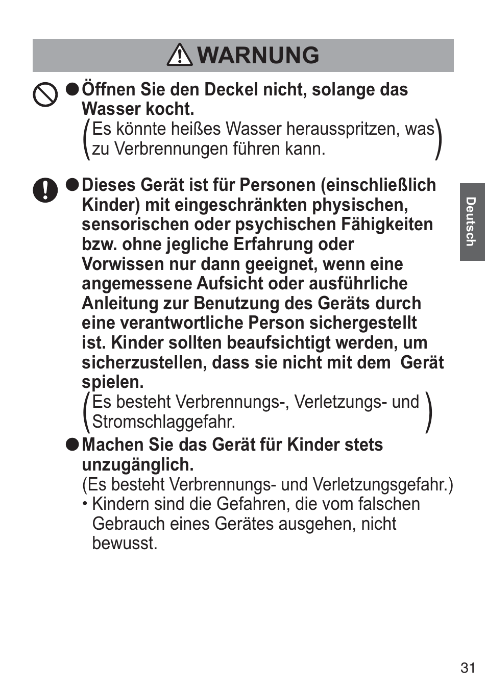 Warnung | Panasonic NCZK1VXE User Manual | Page 31 / 128