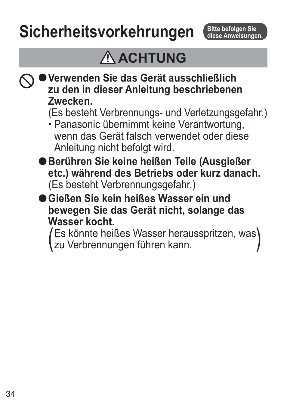 Sicherheitsvorkehrungen, Achtung | Panasonic NCZK1VXE User Manual | Page 34 / 128