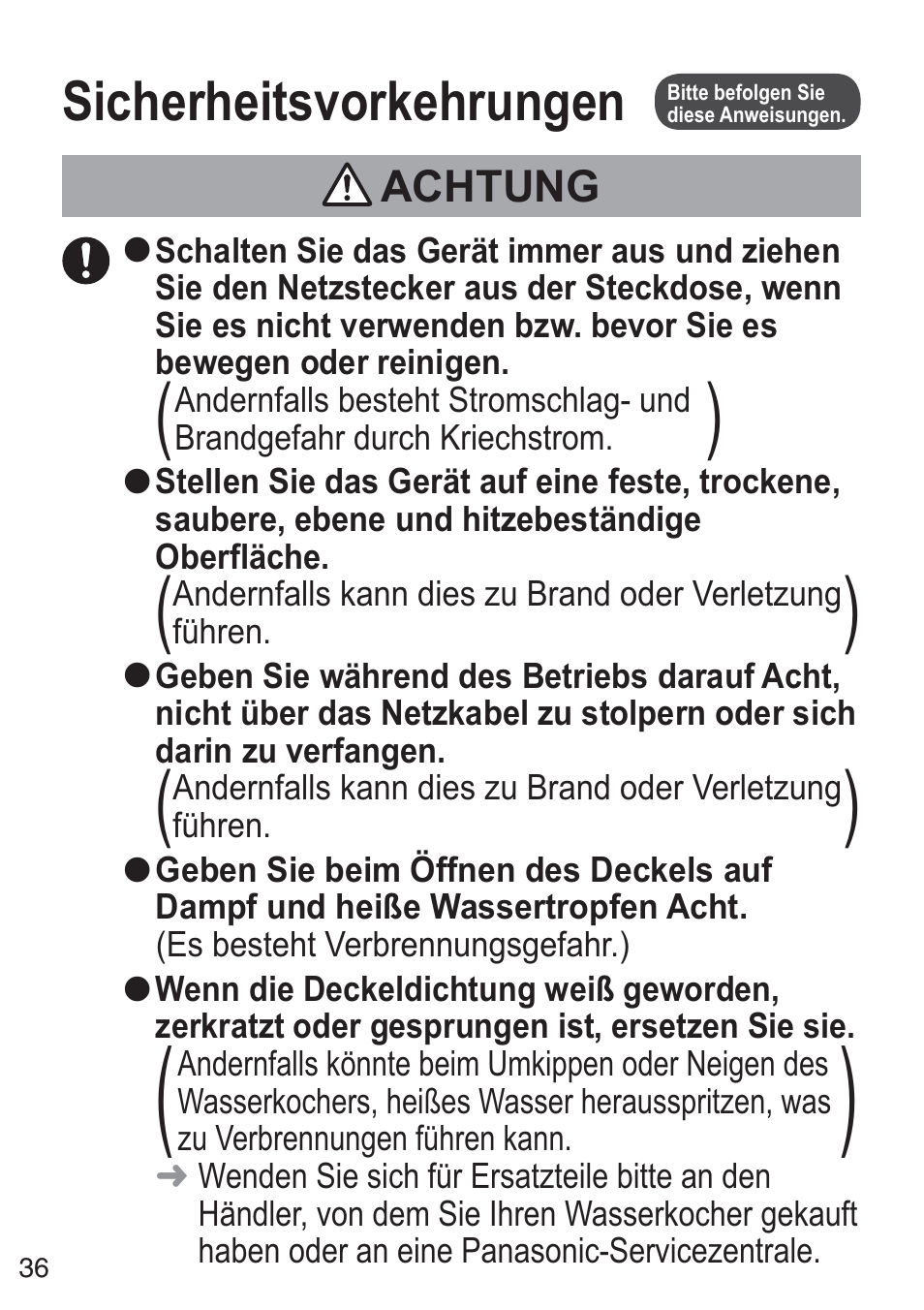 Sicherheitsvorkehrungen | Panasonic NCZK1VXE User Manual | Page 36 / 128