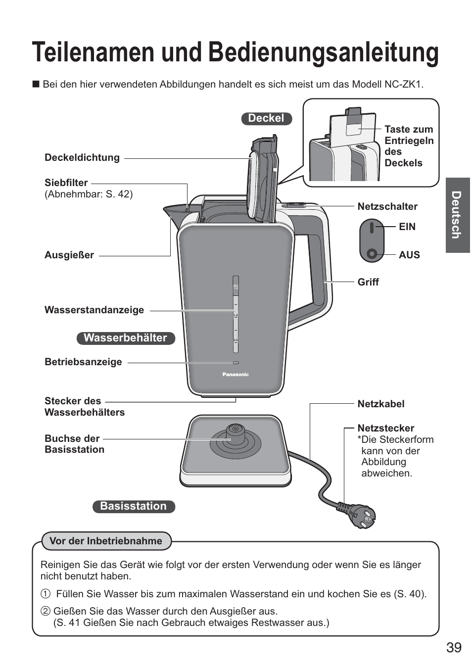 Teilenamen und bedienungsanleitung, Deutsch | Panasonic NCZK1VXE User Manual | Page 39 / 128