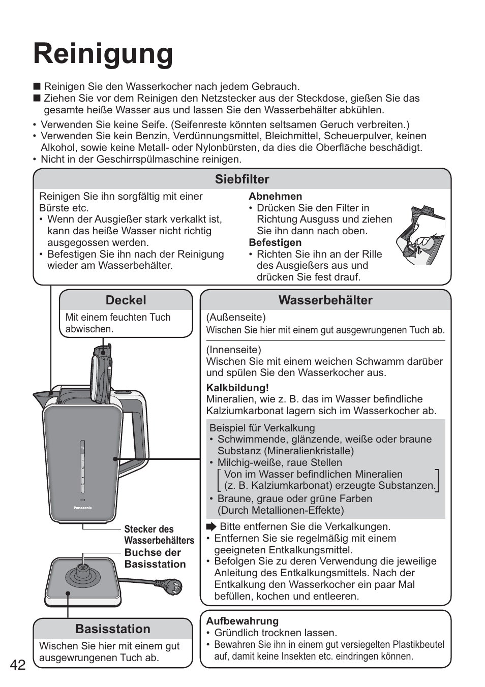 Reinigung, Wasserbehälter, Siebfilter | Deckel, Basisstation | Panasonic NCZK1VXE User Manual | Page 42 / 128