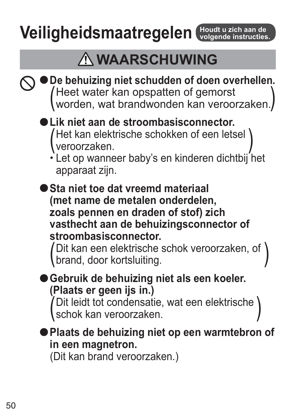 Veiligheidsmaatregelen | Panasonic NCZK1VXE User Manual | Page 50 / 128