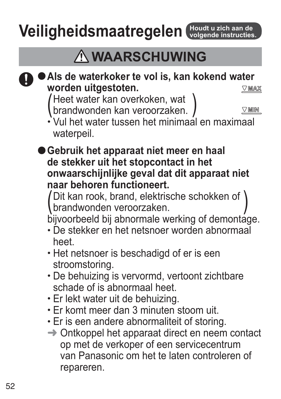 Veiligheidsmaatregelen, Waarschuwing | Panasonic NCZK1VXE User Manual | Page 52 / 128