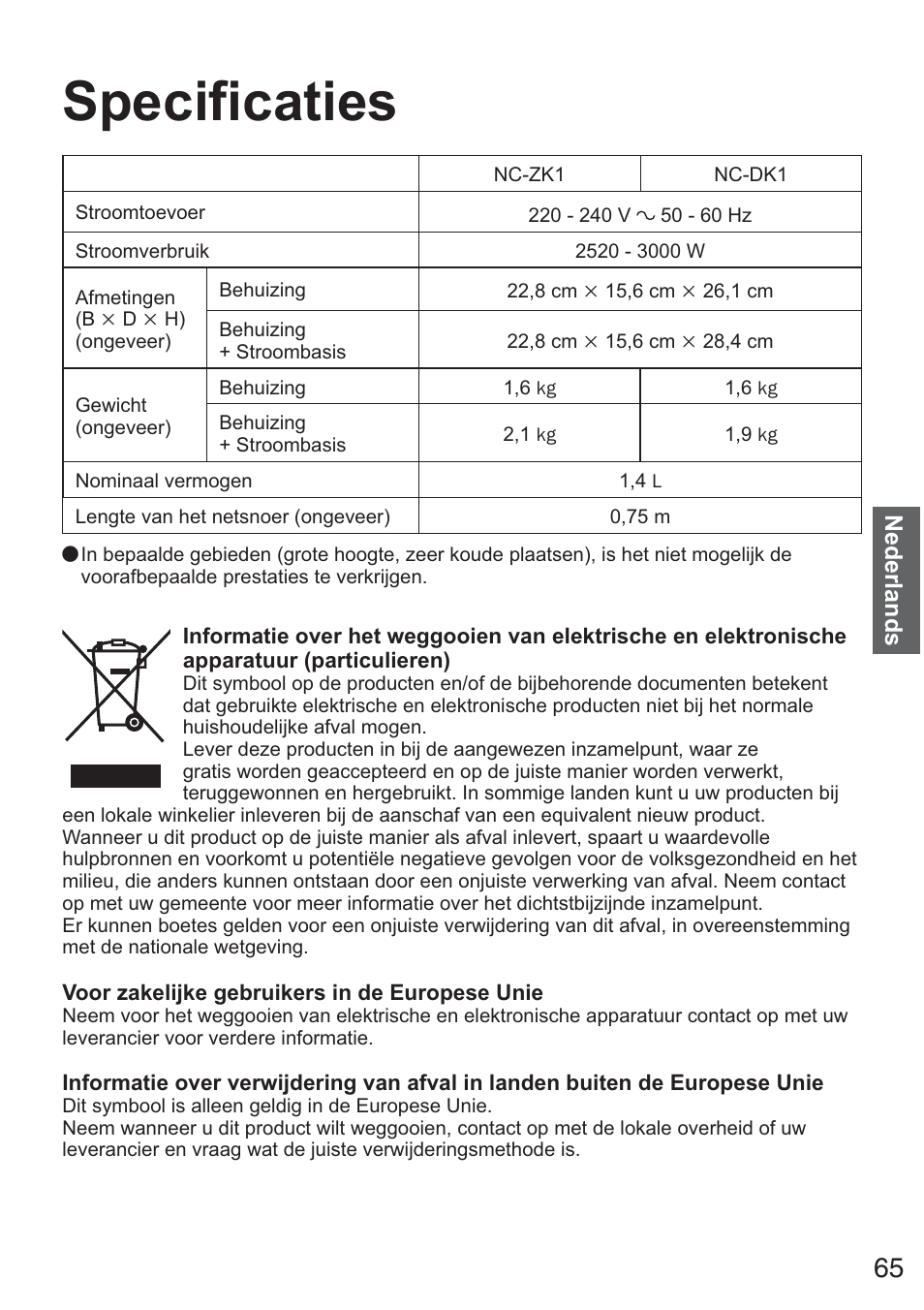 Specificaties | Panasonic NCZK1VXE User Manual | Page 65 / 128