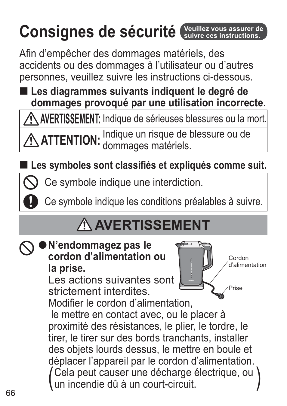 Consignes de sécurité, Avertissement, Attention | Panasonic NCZK1VXE User Manual | Page 66 / 128