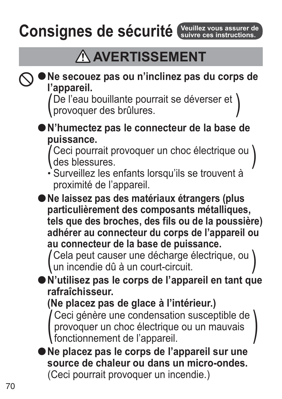 Consignes de sécurité | Panasonic NCZK1VXE User Manual | Page 70 / 128