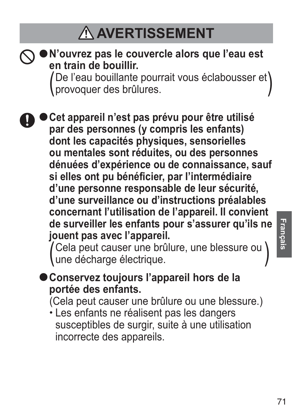 Avertissement | Panasonic NCZK1VXE User Manual | Page 71 / 128