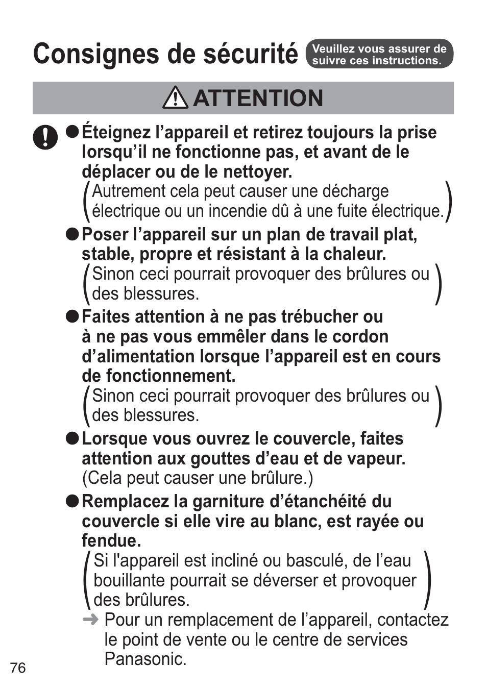 Consignes de sécurité | Panasonic NCZK1VXE User Manual | Page 76 / 128