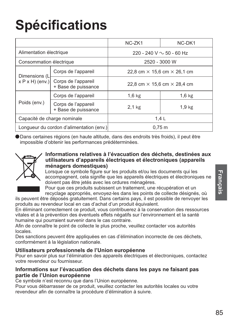 Spécifications | Panasonic NCZK1VXE User Manual | Page 85 / 128