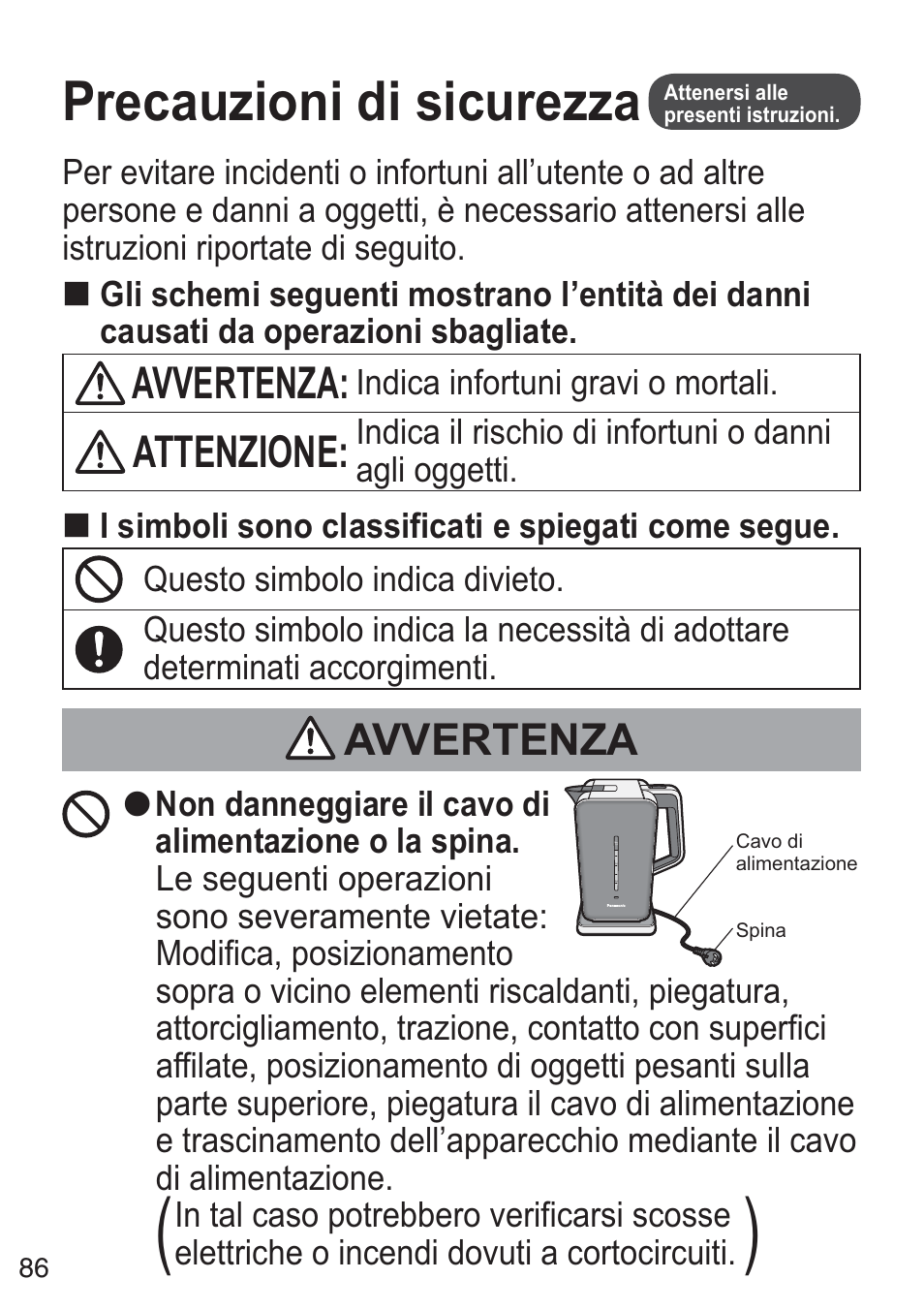 Precauzioni di sicurezza, Avvertenza, Attenzione | Panasonic NCZK1VXE User Manual | Page 86 / 128