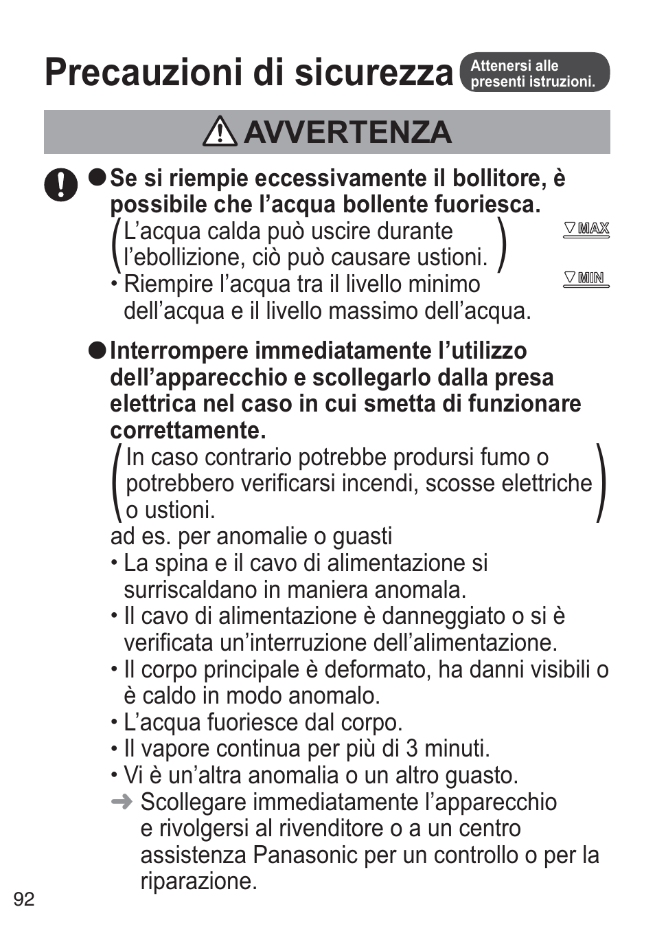 Precauzioni di sicurezza, Avvertenza | Panasonic NCZK1VXE User Manual | Page 92 / 128