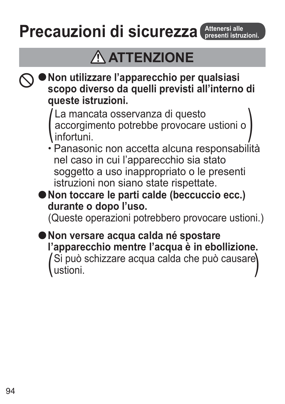 Precauzioni di sicurezza | Panasonic NCZK1VXE User Manual | Page 94 / 128