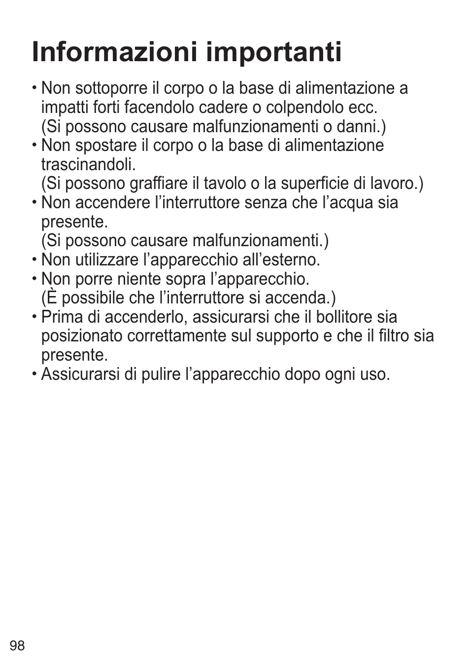 Informazioni importanti, Non porre niente sopra l’apparecchio | Panasonic NCZK1VXE User Manual | Page 98 / 128