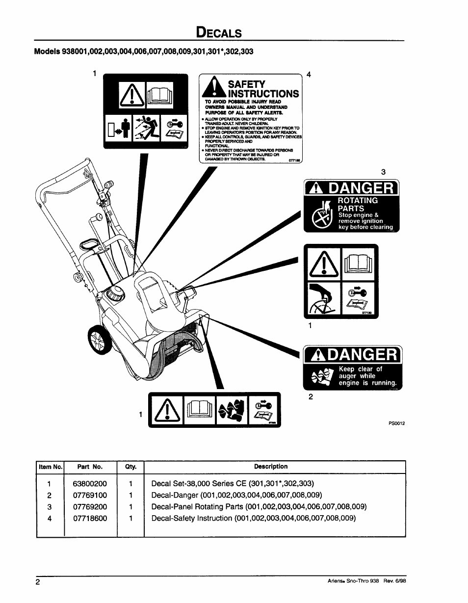 Decals, Keep clear of auger while, Adanger | Danger, Ecals, Safety instructions | Ariens SNO-THRO 009-SS522E User Manual | Page 4 / 14